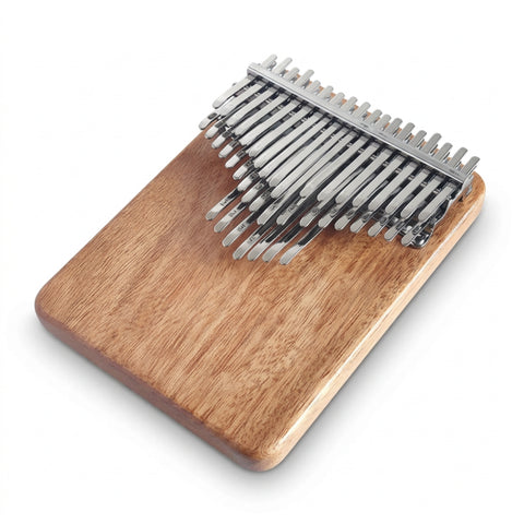 41-key chromatic kalimba with an Okoume wood body and metal tines on a white background