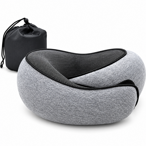 A grey and black travel neck pillow shown with its black drawstring storage pouch on a clean white background.
