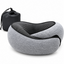 A grey and black travel neck pillow shown with its black drawstring storage pouch on a clean white background.