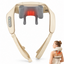 Beige neck and shoulder massage pillow with built-in gray massager pads and a glowing red heat indicator, shown on a white background with a small inset of a woman wearing it.