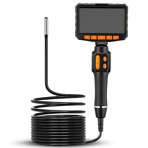 Articulating inspection camera with 5-inch display, steering handgrip and coiled 1.5 m probe on white.