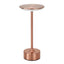 Rechargeable cordless table lamp with rose-gold metal finish and a flat circular shade on white