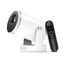 White Full HD 1080p smart projector with adjustable stand and remote control on a white background.