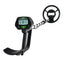 Complete LCD metal detector with circular search coil, adjustable shaft, green controls and arm support on a white background
