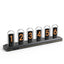 Six-screen IPS desk clock with six clear glass covers, orange digital numerals and an aluminium base on a white background