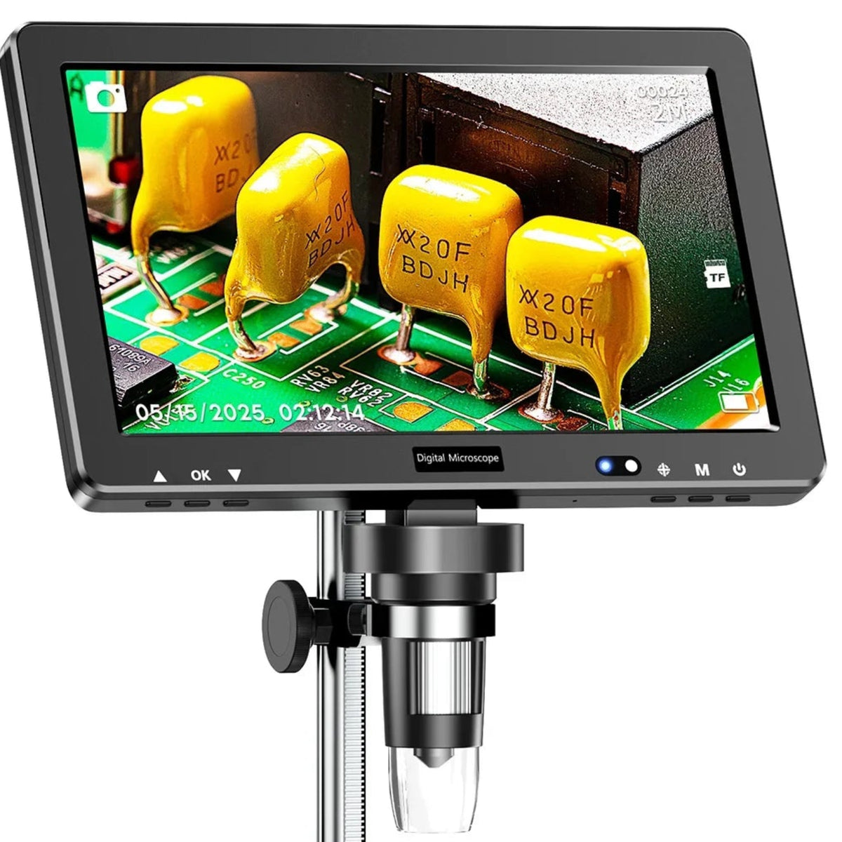 Close-up of the 10.1-inch IPS display, front control buttons, focus adjustment and camera lens