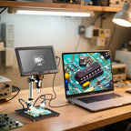 Digital microscope connected by USB to a laptop for viewing circuit-board detail; computer and workpiece are not included
