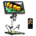 10.1-inch digital microscope with adjustable stand, two flexible lamps and remote control on a white background