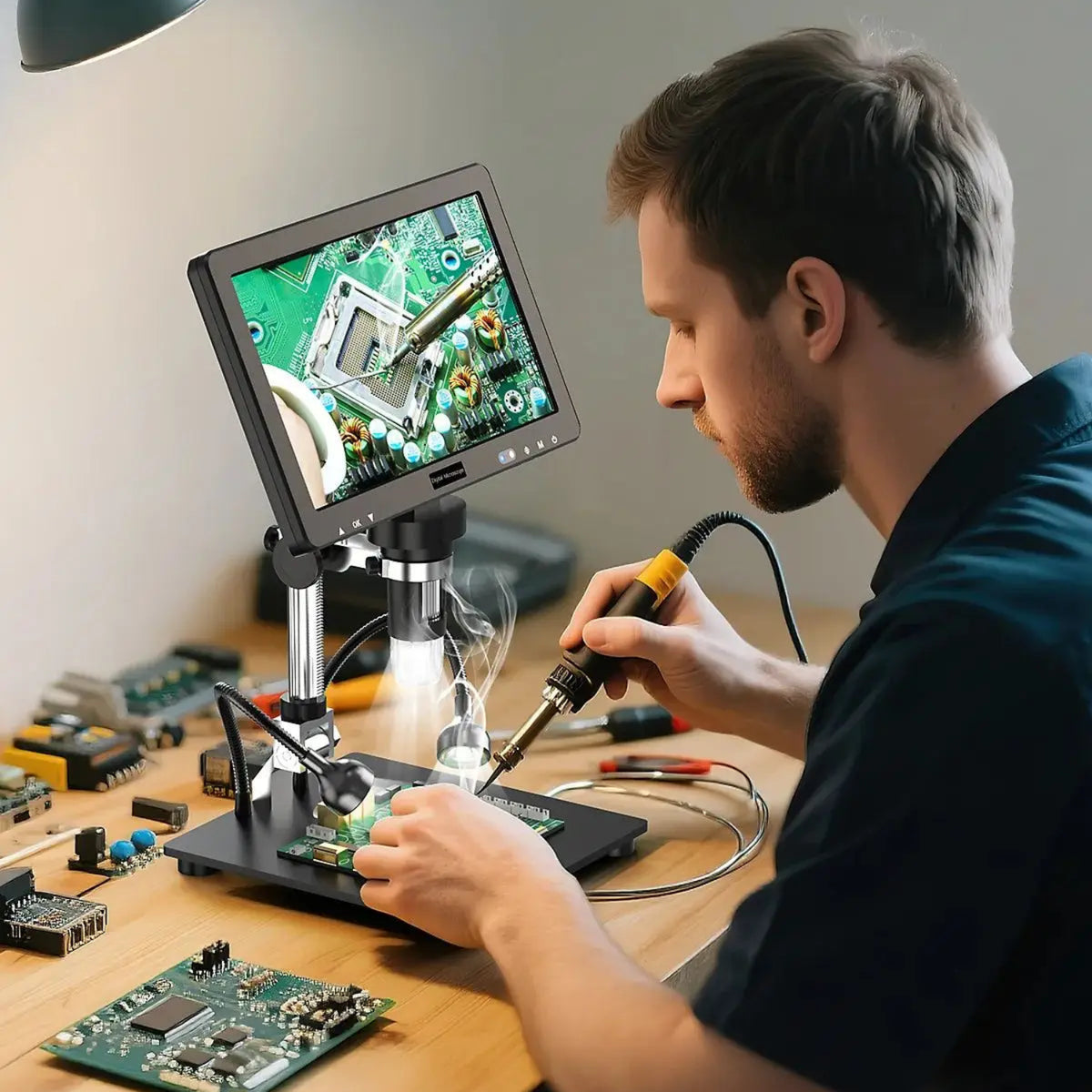 Illustration of the digital microscope used to inspect a circuit board at a workbench; soldering tools and workpieces are not included