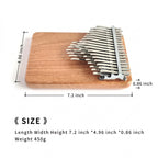 Landscape view of the 41-key wooden kalimba with its length, width and thickness measurements