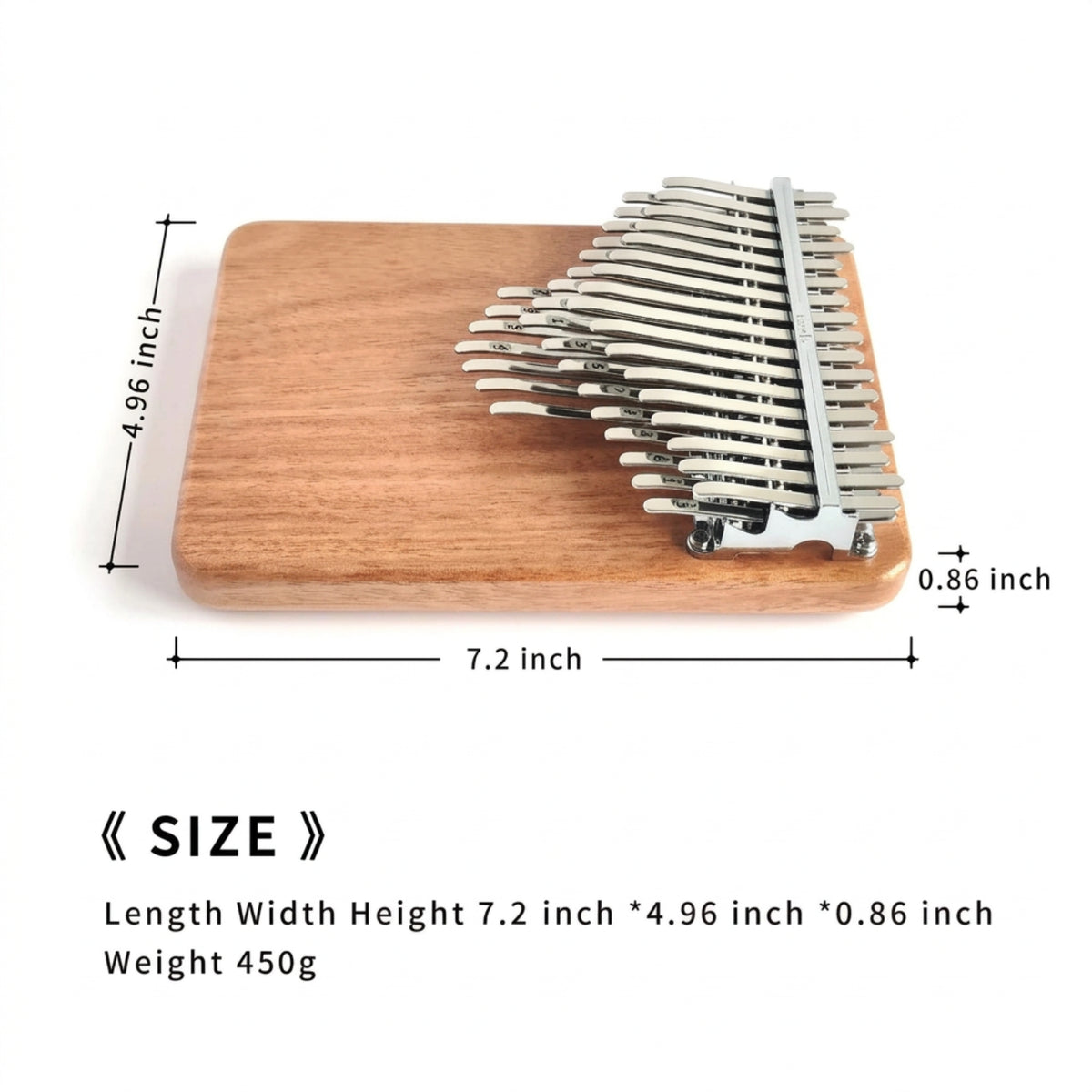 Landscape view of the 41-key wooden kalimba with its length, width and thickness measurements