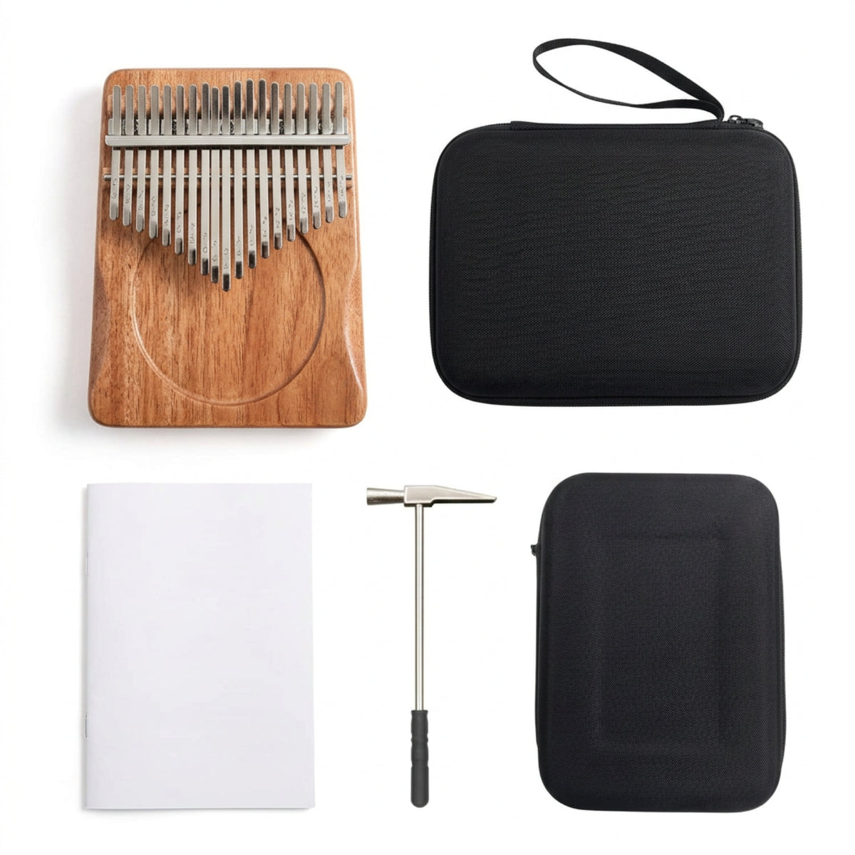 41-key kalimba with protective EVA storage, music booklet and tuning hammer arranged on white