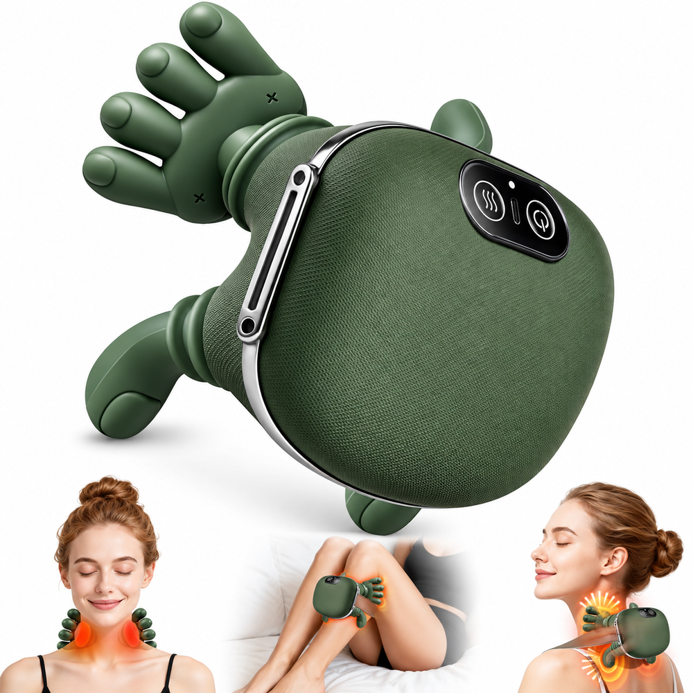 An electric neck and shoulder massager with a green claw-like hand and a rounded head, shown on a white background with three inset photos of women demonstrating neck and leg massage.