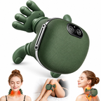 An electric neck and shoulder massager with a green claw-like hand and a rounded head, shown on a white background with three inset photos of women demonstrating neck and leg massage.
