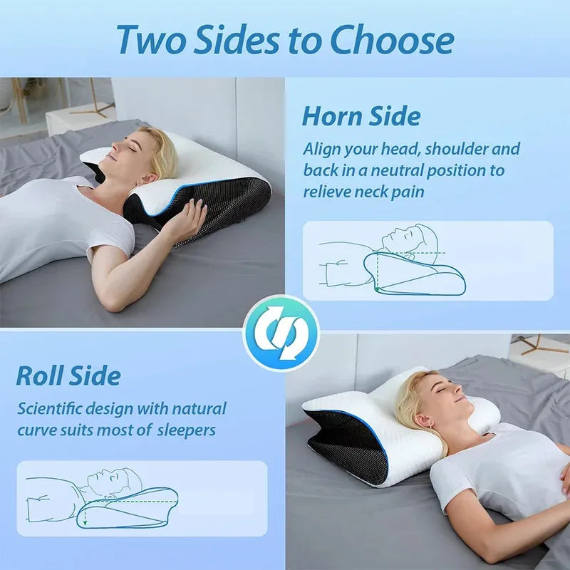 Woman using a neck pillow with two sides for different sleeping positions on a blue background.