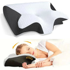 Cervical pillow with black mesh and white surface, shown with a person using it.
