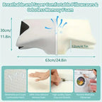 Memory foam pillow with dimensions and features highlighted on a blue background