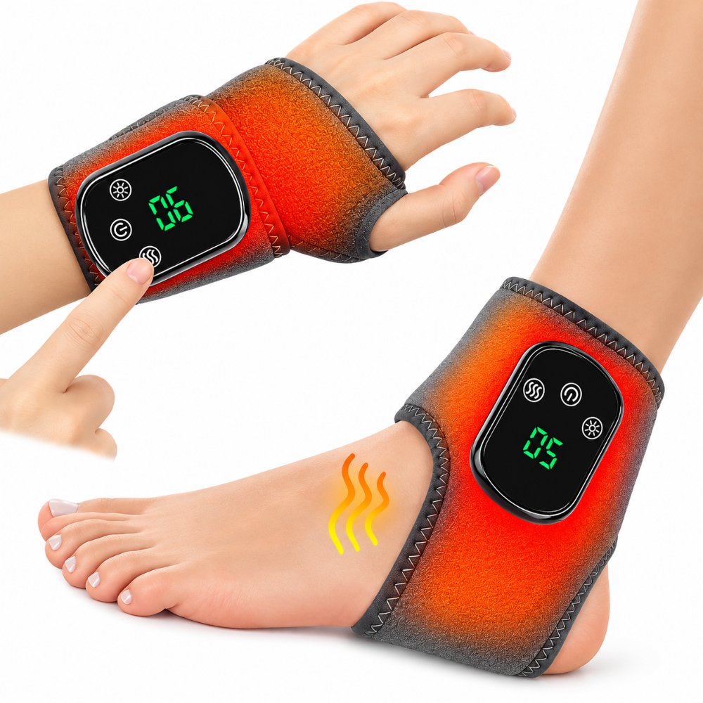 Two wearable heating pads shown on a foot and wrist, with a hand pointing at the top device. The products are grey with a digital display screen on the front and a wavy heat graphic over the foot area.