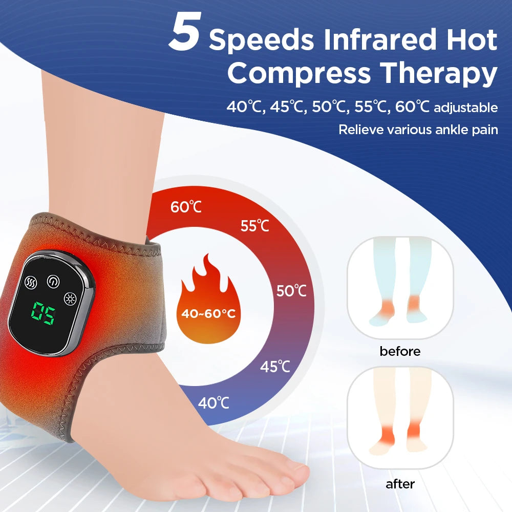 Infrared hot compress therapy device on a foot with temperature adjustment details.