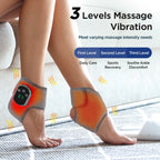 Massage device on feet with three levels of vibration indicated, on a neutral background.