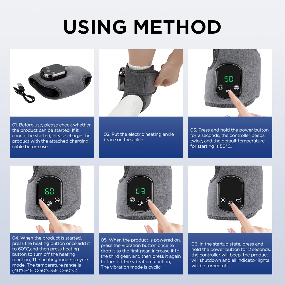 Instructions for using an electric heating ankle brace with digital display.