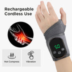 Wrist brace with digital display on a white background, showing rechargeable cordless use features.