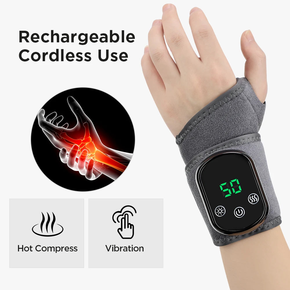 Wrist brace with digital display on a white background, showing rechargeable cordless use features.