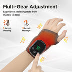 Hand using a wrist massager with digital display and control buttons on a white background.