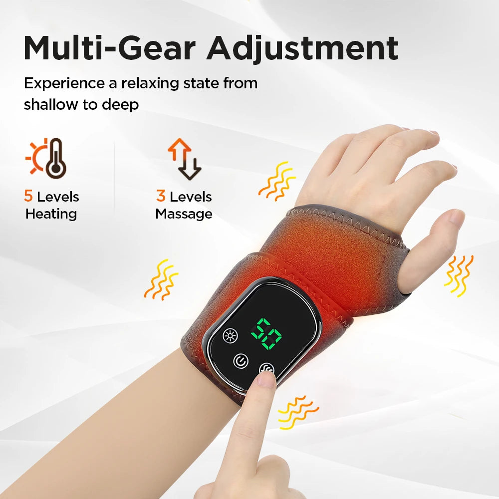 Hand using a wrist massager with digital display and control buttons on a white background.