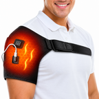 A man wearing a black shoulder heating pad with a glowing orange heat graphic and a connected USB charging cable, on a white background.