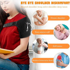 Person wearing a black heated shoulder wrap with images and text about shoulder discomfort solutions.