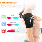 Person wearing a black heating pad on their shoulder with temperature level indicators.