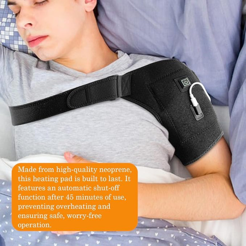 Person wearing a black shoulder heating pad with text about its quality and safety features.