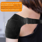 Black shoulder brace worn by a person with text on USB compatibility.