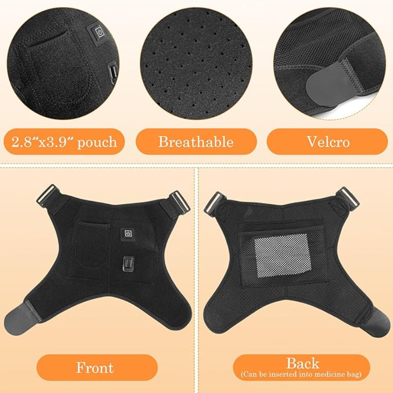 Black pouch with Velcro closure, front and back views, on a beige background.
