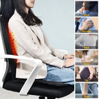 Person using an ergonomic office chair with insets showing body parts highlighted for comfort.