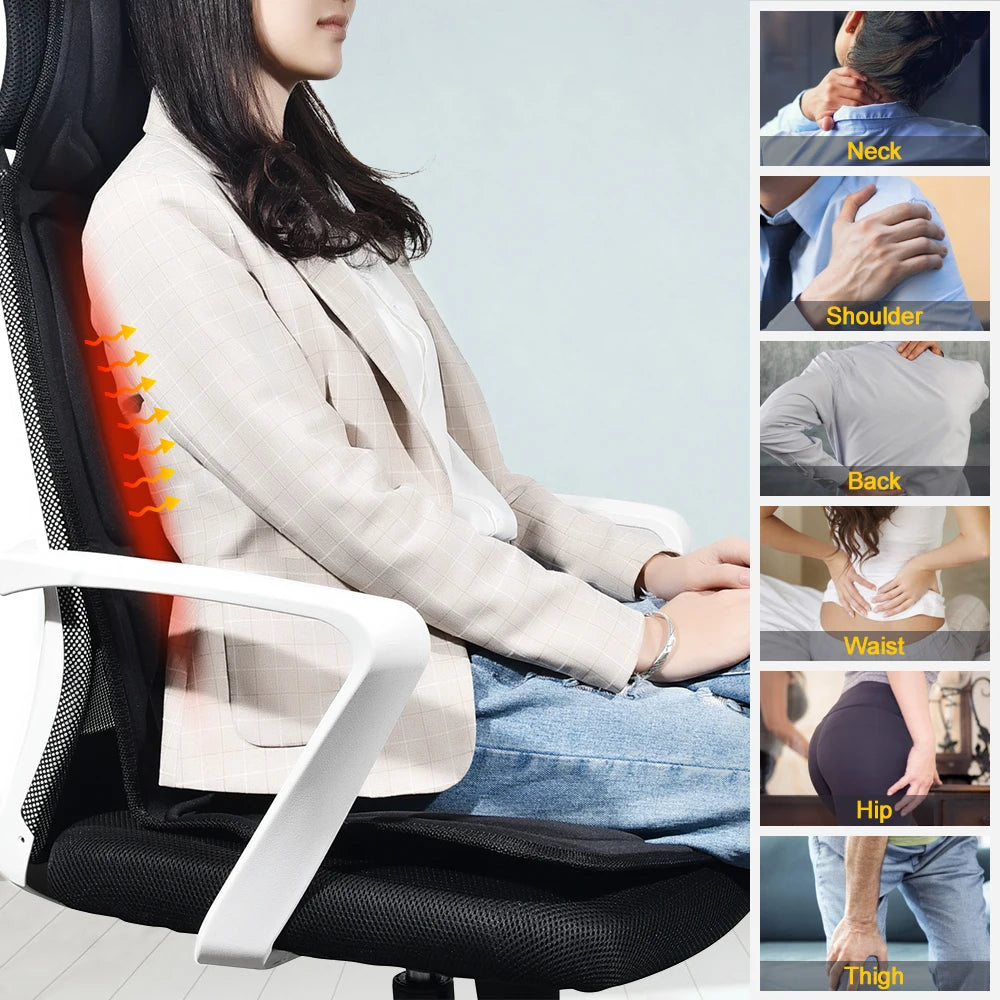Person using an ergonomic office chair with insets showing body parts highlighted for comfort.