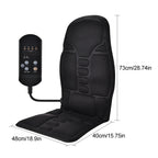 Black massage seat cushion with control panel and dimensions on a white background