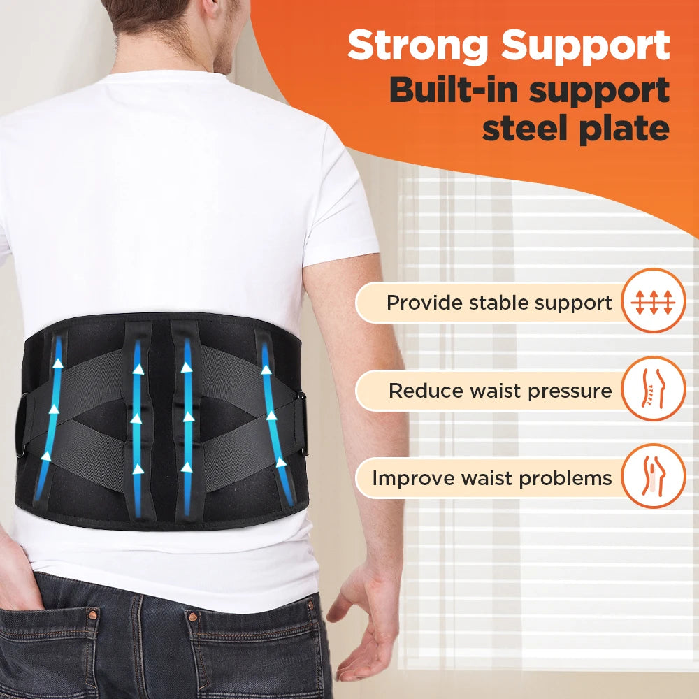Person wearing a black back support brace with text highlighting features on an orange background