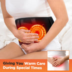 Person using a heating pad on their lower abdomen with text about warm care.