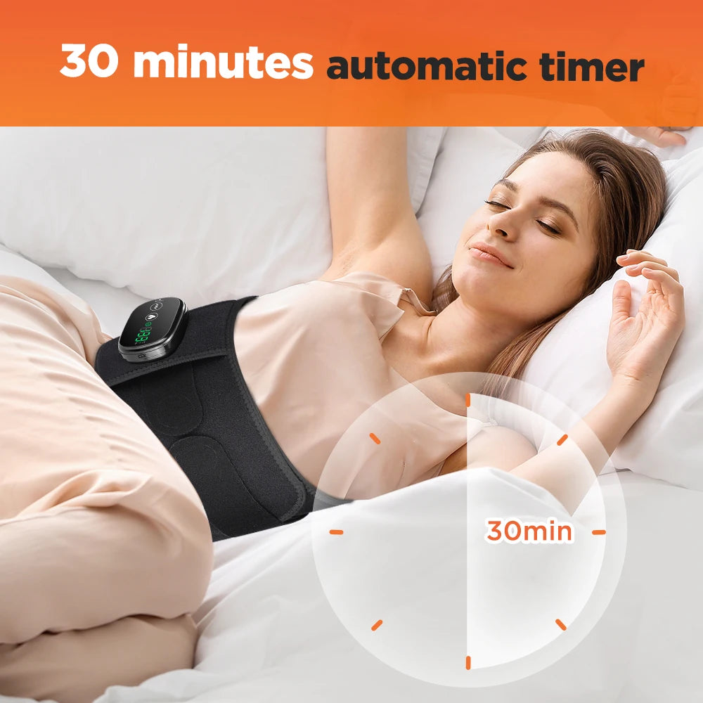 Woman lying down with a black device on her waist, 30 minutes automatic timer displayed.