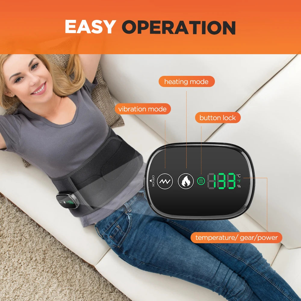 Woman using an electric waist trimmer with a digital display on a couch, labeled 'Easy Operation'.
