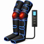 A pair of black compression leg and foot massager boots with blue trim and a remote control, shown on a white background.