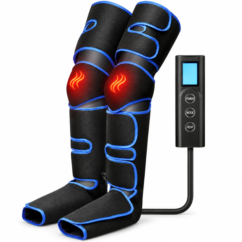 A pair of black compression leg and foot massager boots with blue trim and a remote control, shown on a white background.