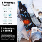 Massage device on a leg with text detailing massage modes and intensity levels.