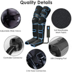 Quality details of a black and blue compression stocking with various features highlighted.