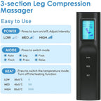 3-section leg compression massager with control panel and display on a light blue background
