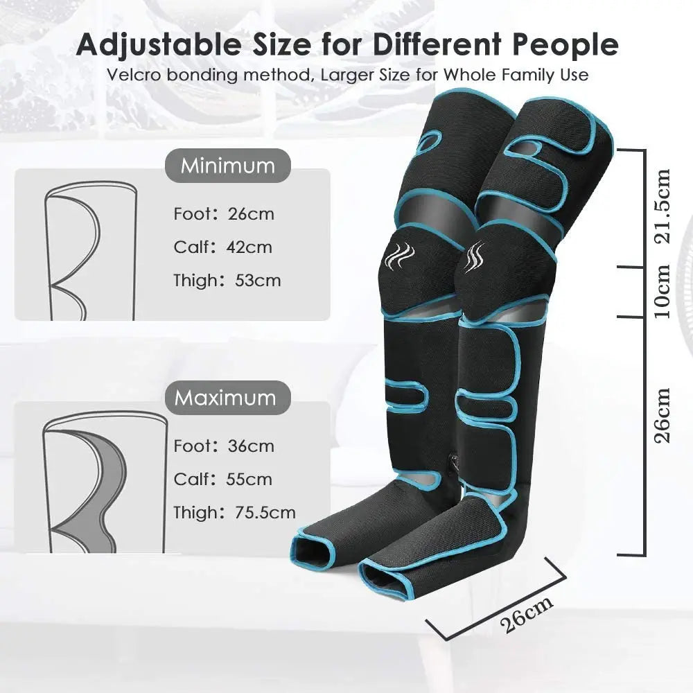 Black compression sleeves with blue accents and size chart on a white background