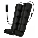 Black inflatable leg massage device with two padded leg sections, a foot cuff, and an attached remote control on a white background.
