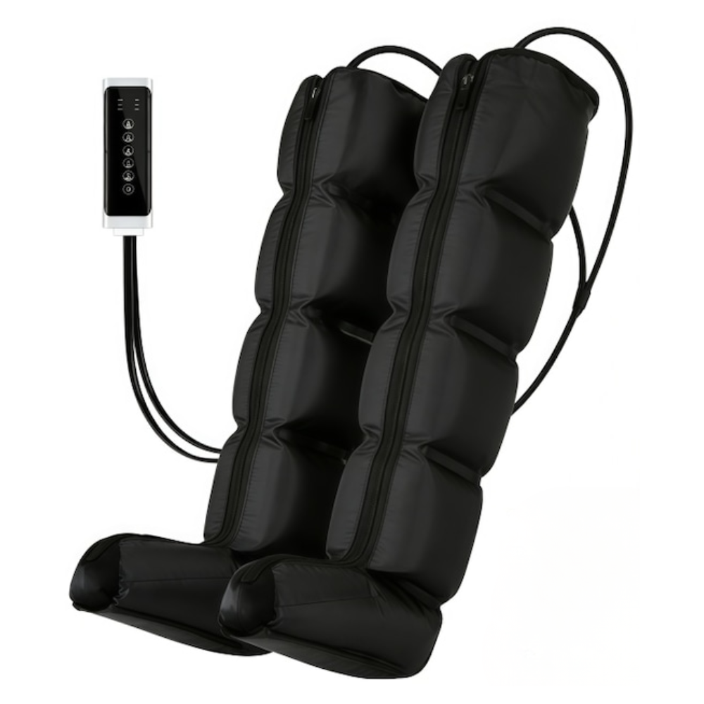 Black inflatable leg massage device with two padded leg sections, a foot cuff, and an attached remote control on a white background.
